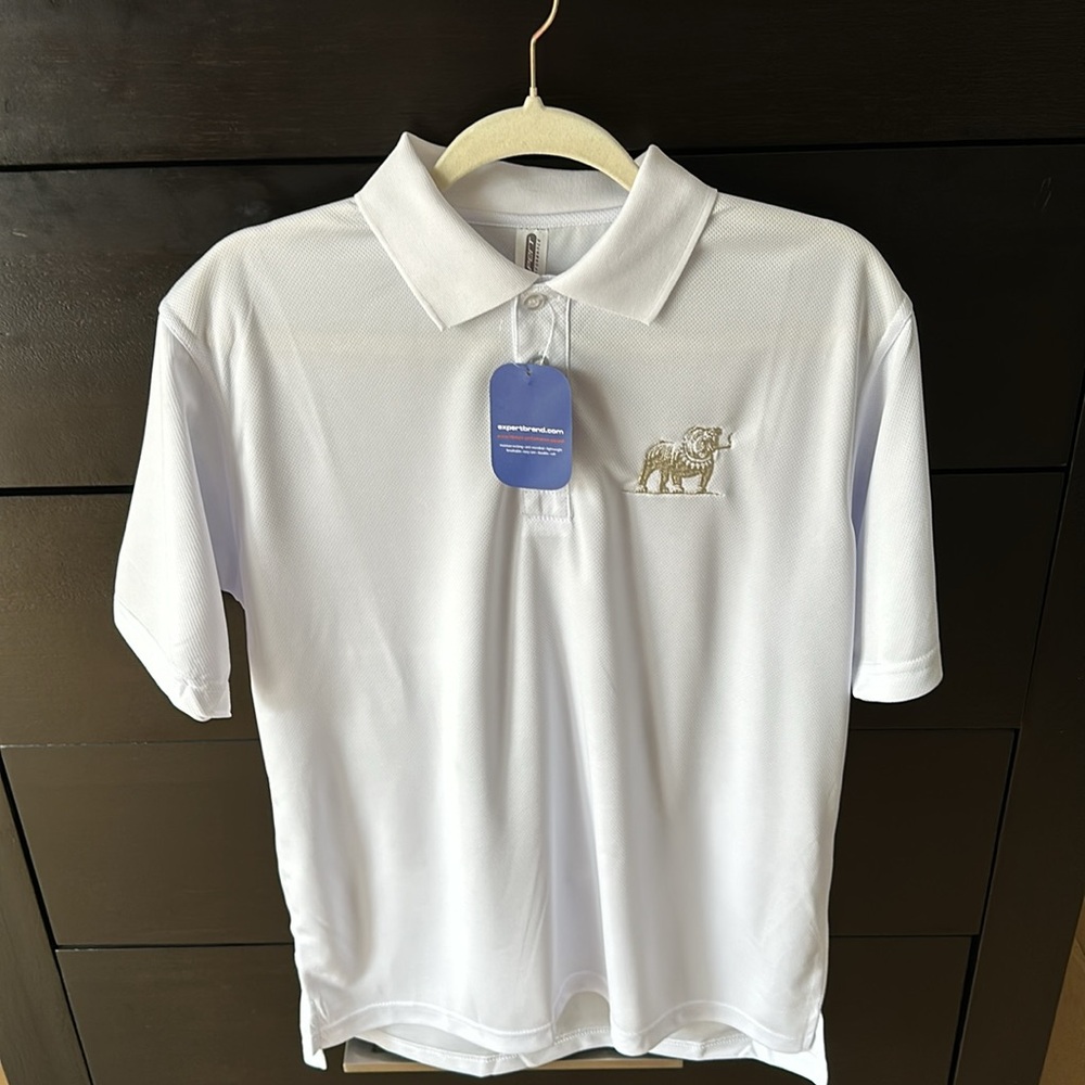 Men’s Small White Polo Shirt Bulldog Stitched Silver Logo